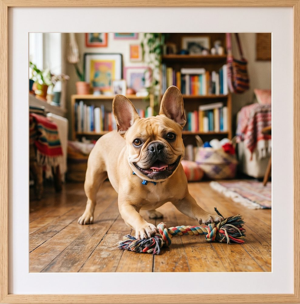 French bulldog playing with a rope toy