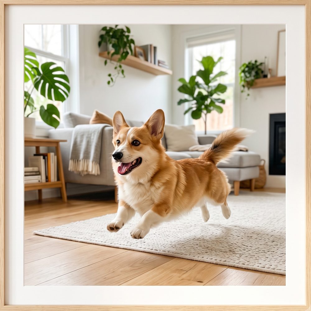 Corgi running across the living room, framed as a keepsake