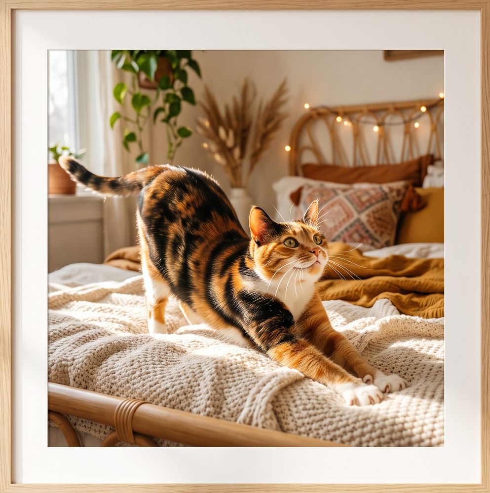 Calico cat stretching in the sun