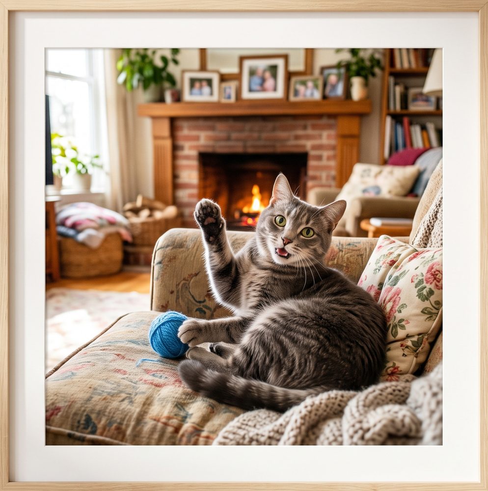 Grey cat playing on the couch, framed as a keepsake