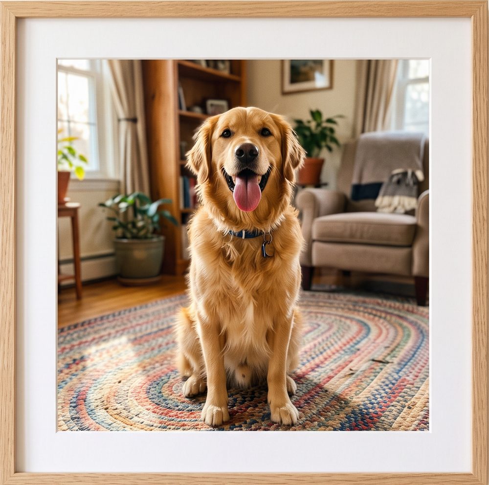 Happy golden retriever at home, framed as a keepsake